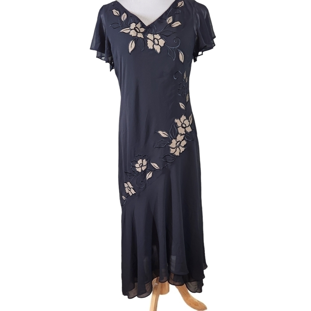 NWT Adrianna Pappel Dress SS High Low Hem Black w Floral Detailing, sz 10